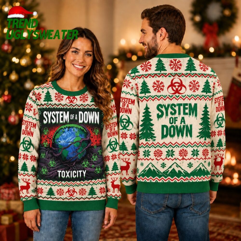 system of a down toxicity earth biohazard symbol green cream pattern ugly christmas sweate