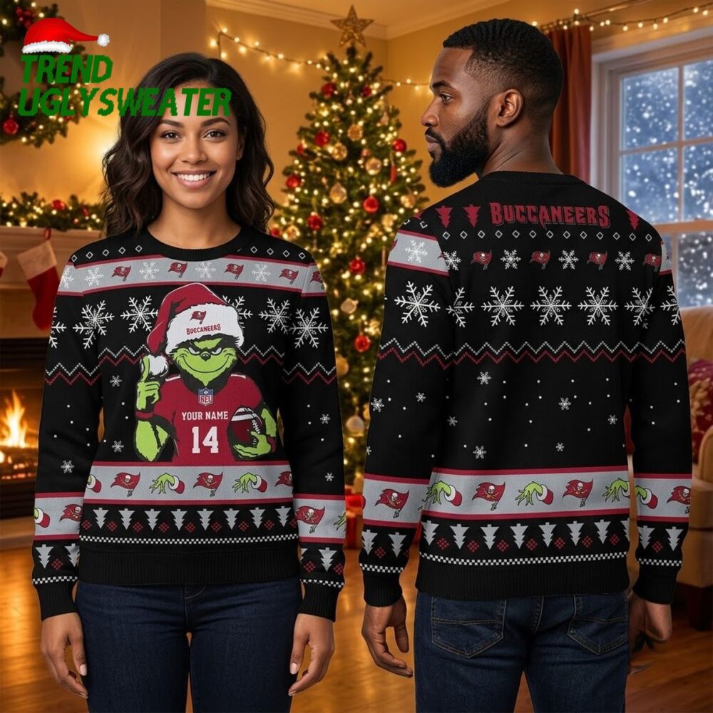 tampa bay buccaneers grinch santa football custom name ugly christmas sweater