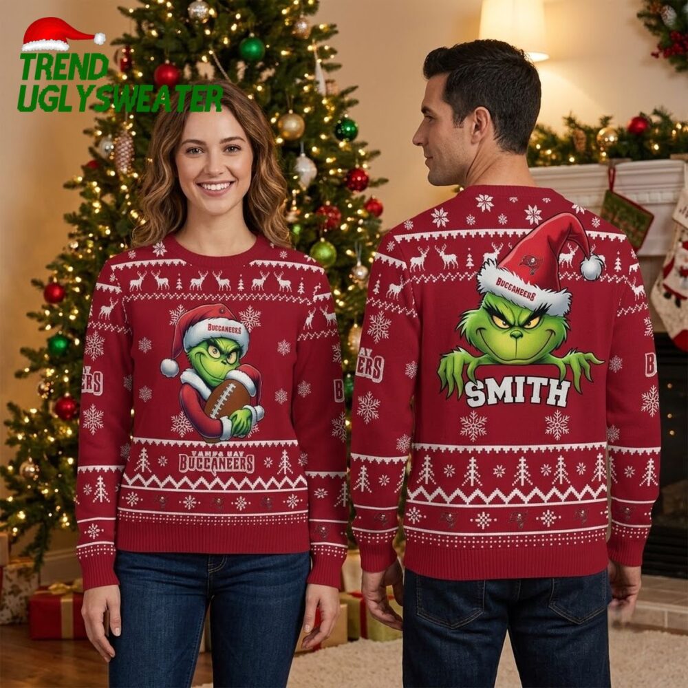 tampa bay buccaneers grinch santa hat football ugly christmas sweater