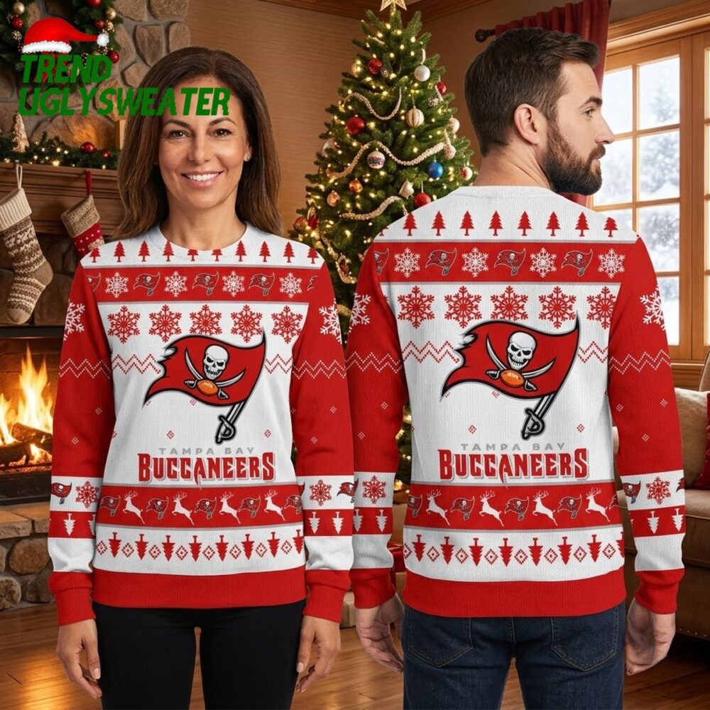 tampa bay buccaneers pirate skull flag and snowflake pattern ugly christmas sweater