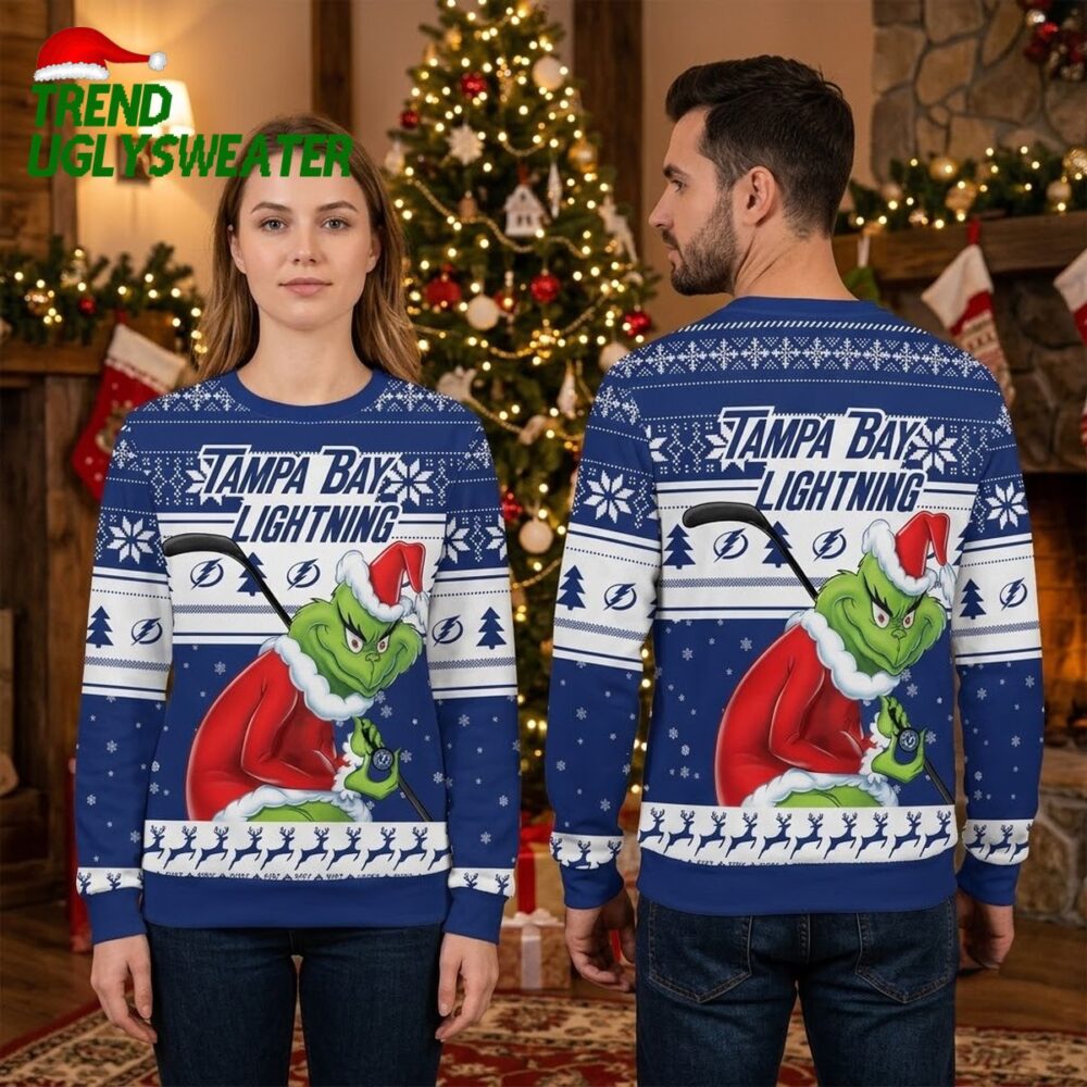 tampa bay lightning grinch with hockey stick ugly christmas sweater