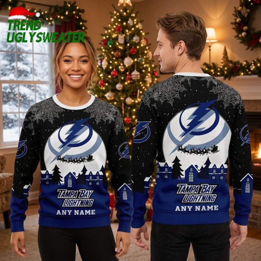 tampa bay lightning logo santa sleigh custom name ugly christmas sweater