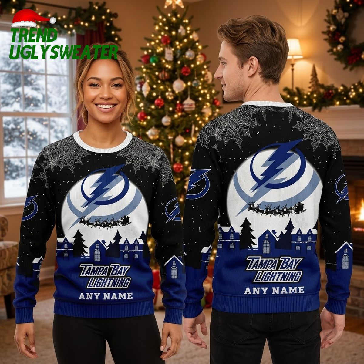 tampa bay lightning logo santa sleigh custom name ugly christmas sweater tampa bay lightning logo santa sleigh custom name ugly christmas sweater