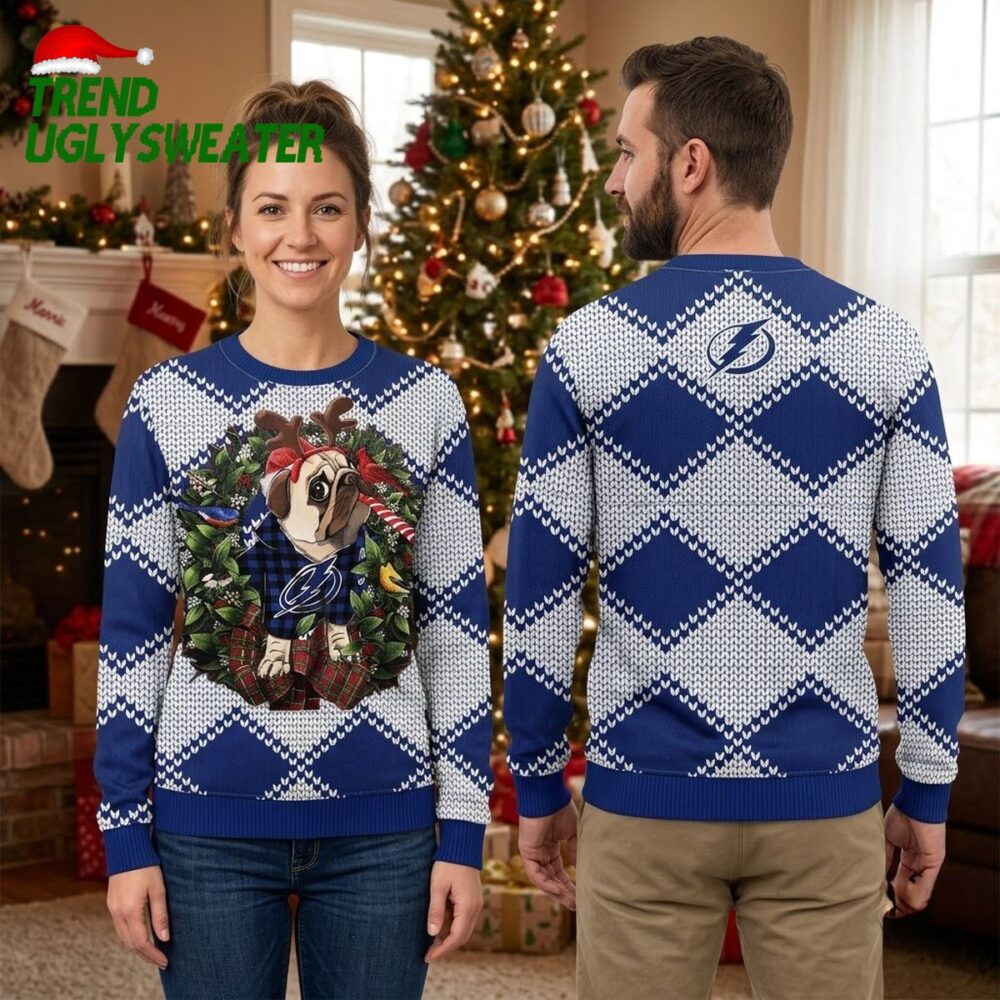 tampa bay lightning pug with reindeer antlers ugly christmas sweater