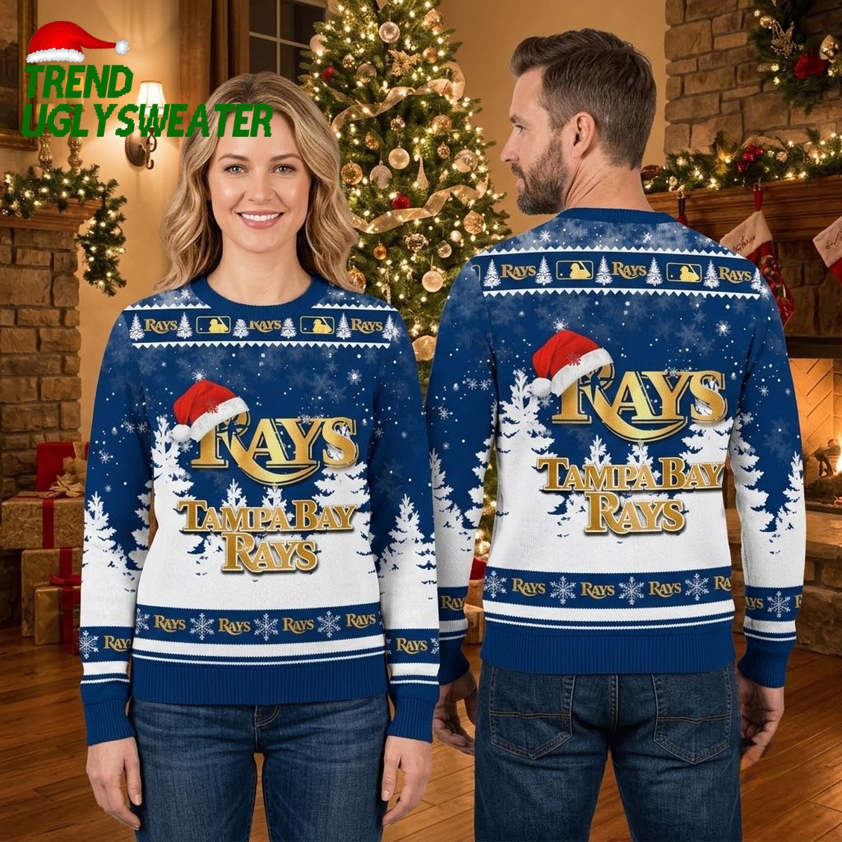 tampa bay rays gold logo santa hat snowflake navy blue ugly christmas sweater tampa bay rays gold logo santa hat snowflake navy blue ugly christmas sweater