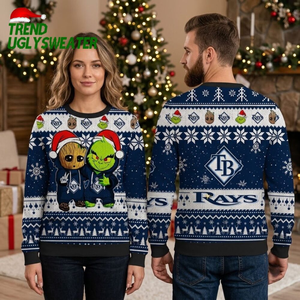 tampa bay rays groot and grinch santa hat navy blue ugly christmas sweater