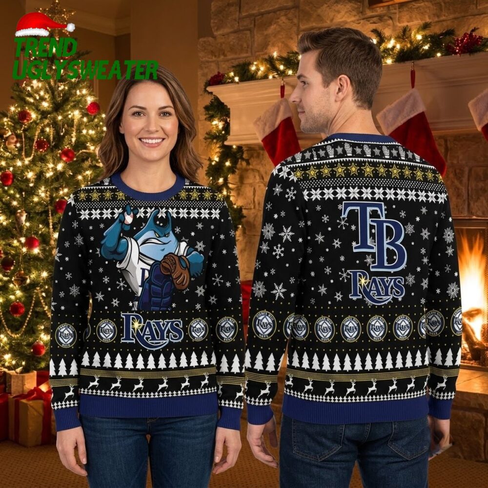 tampa bay rays mascot catcher snowflake black ugly christmas sweater