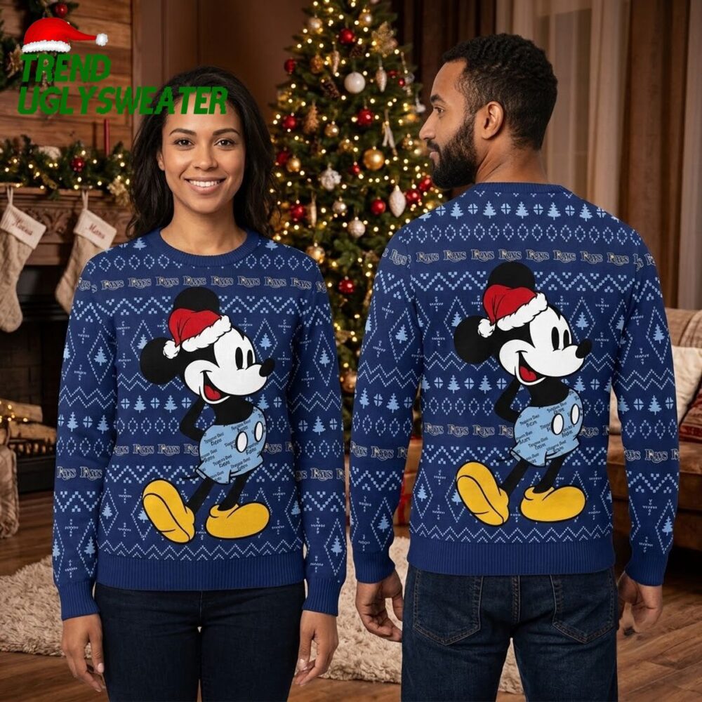 tampa bay rays mickey mouse santa hat navy blue ugly christmas sweater
