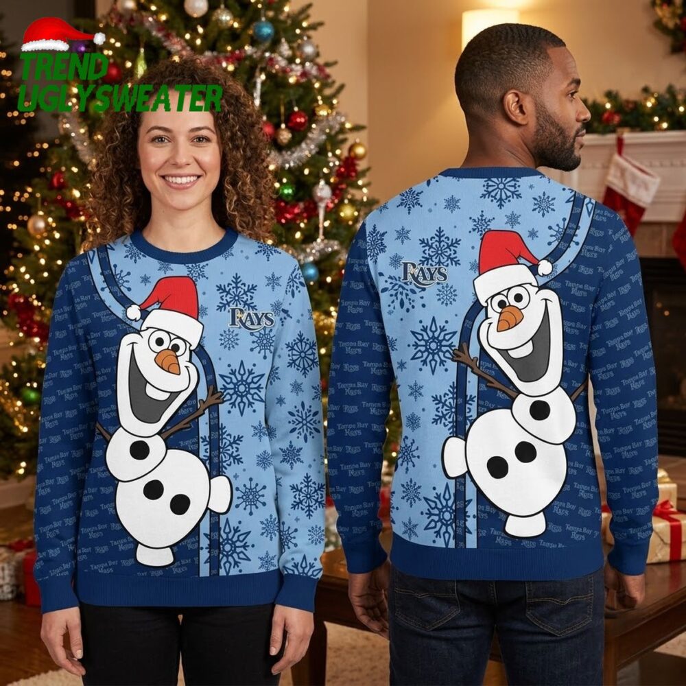 tampa bay rays olaf snowman santa hat light blue ugly christmas sweater