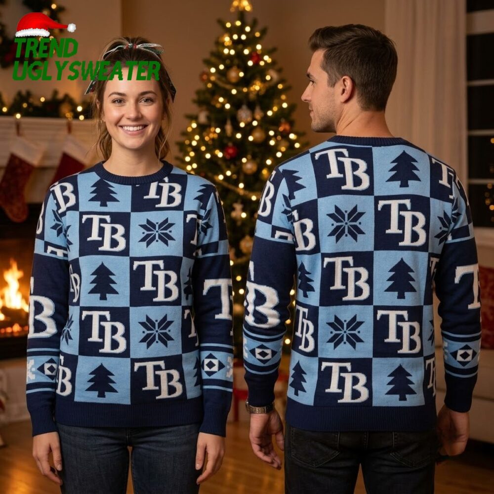tampa bay rays patchwork tb logo snowflake navy and light blue ugly christmas sweater