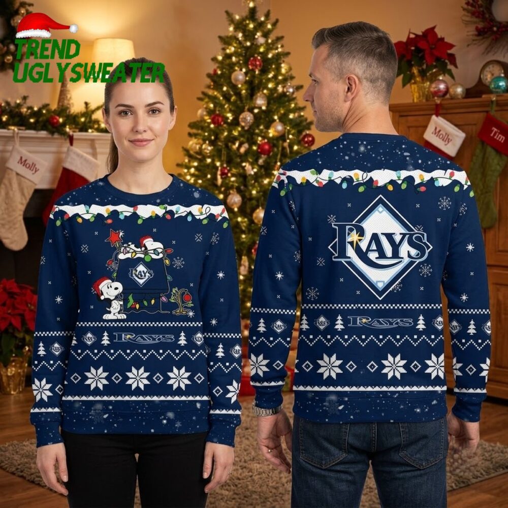 tampa bay rays snoopy and woodstock christmas tree navy blue ugly christmas sweater