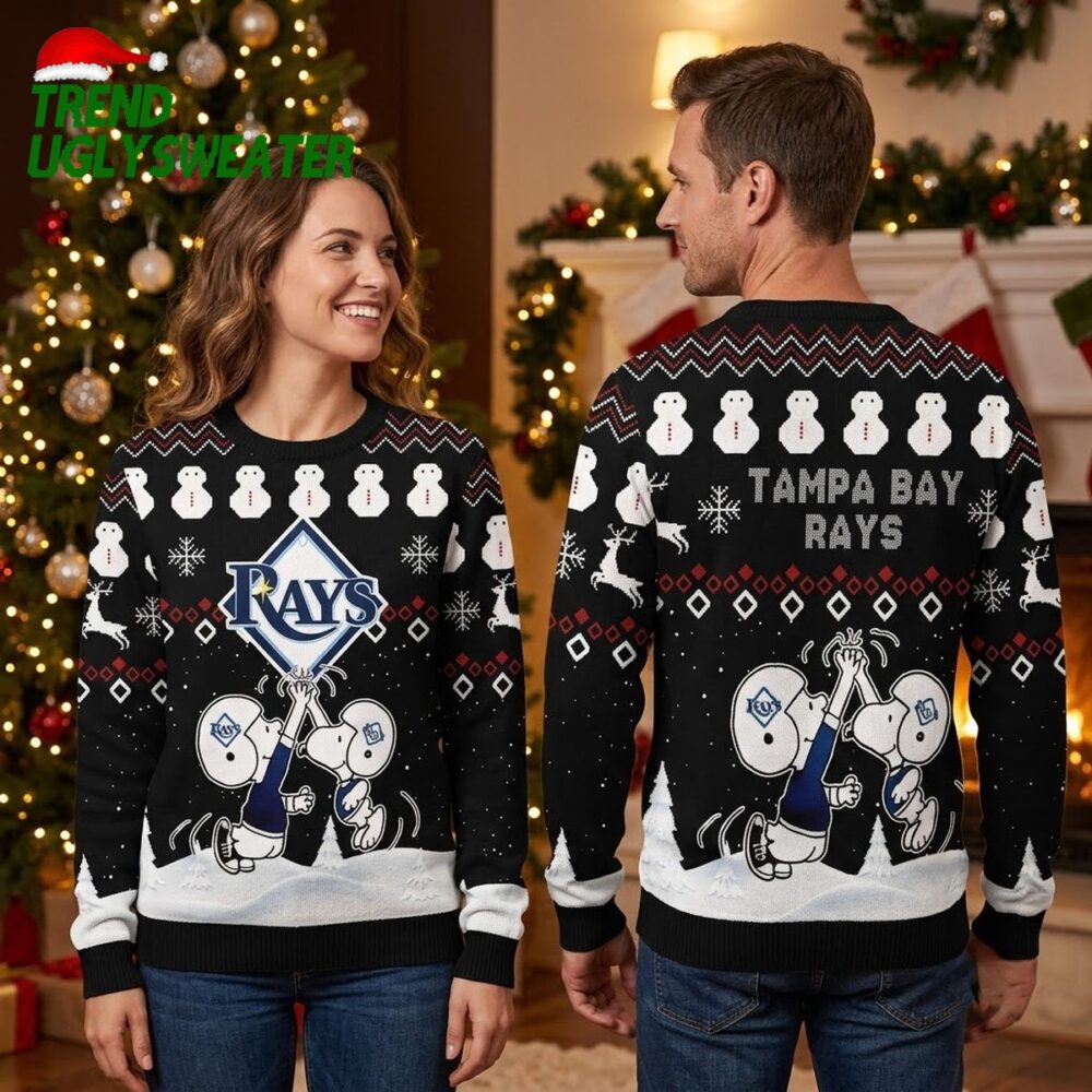tampa bay rays snoopy and woodstock playing baseball ugly christmas sweater
