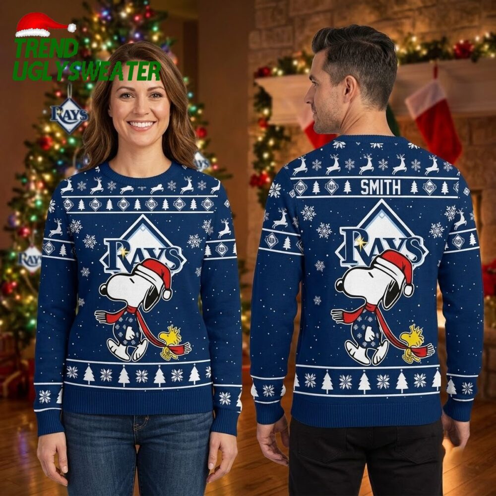 tampa bay rays snoopy and woodstock santa hat custom name ugly christmas sweater