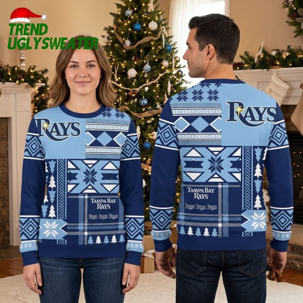 tampa bay rays snowflake and christmas tree pattern blue ugly christmas sweater