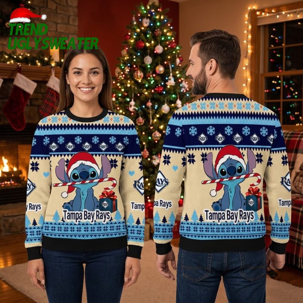 tampa bay rays stitch holding candy cane ugly christmas sweater