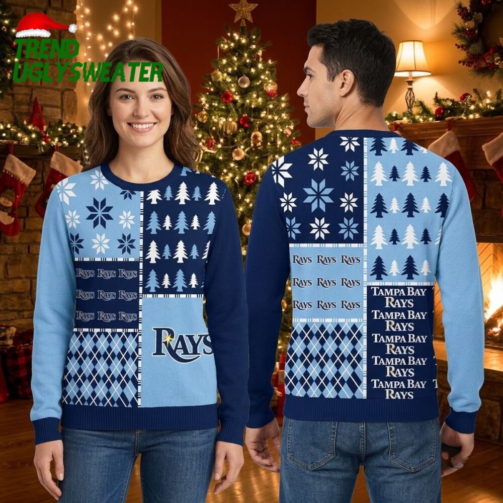 tampa bay rays winter forest patchwork light blue and navy ugly christmas sweater