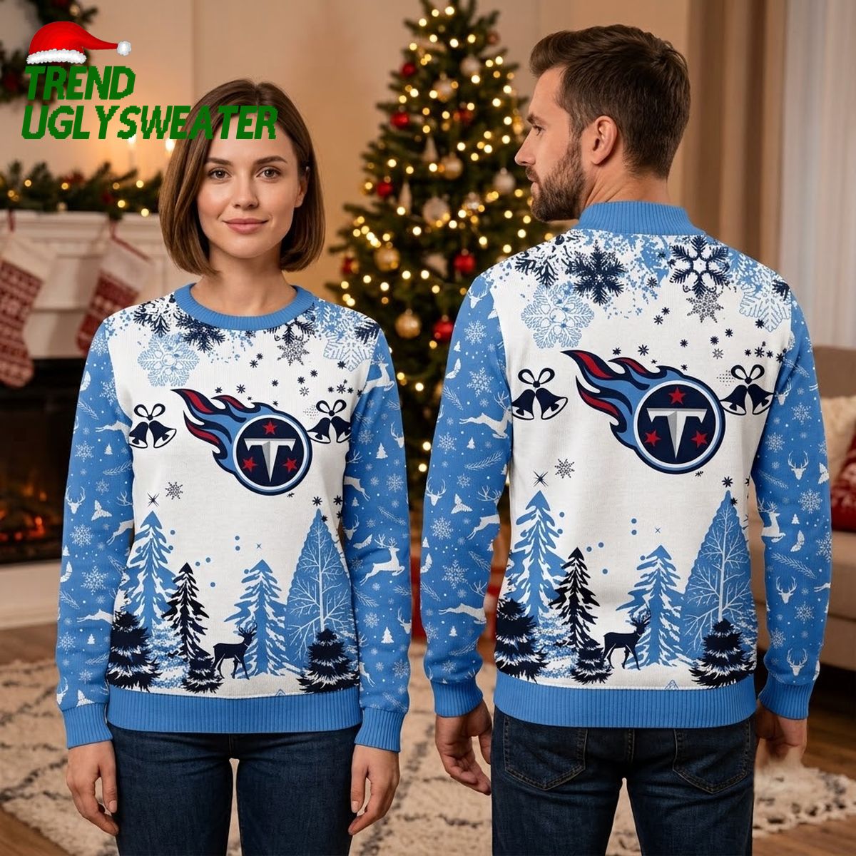 tennessee titans flaming logo snowflakes and winter forest ugly christmas sweater tennessee titans flaming logo snowflakes and winter forest ugly christmas sweater
