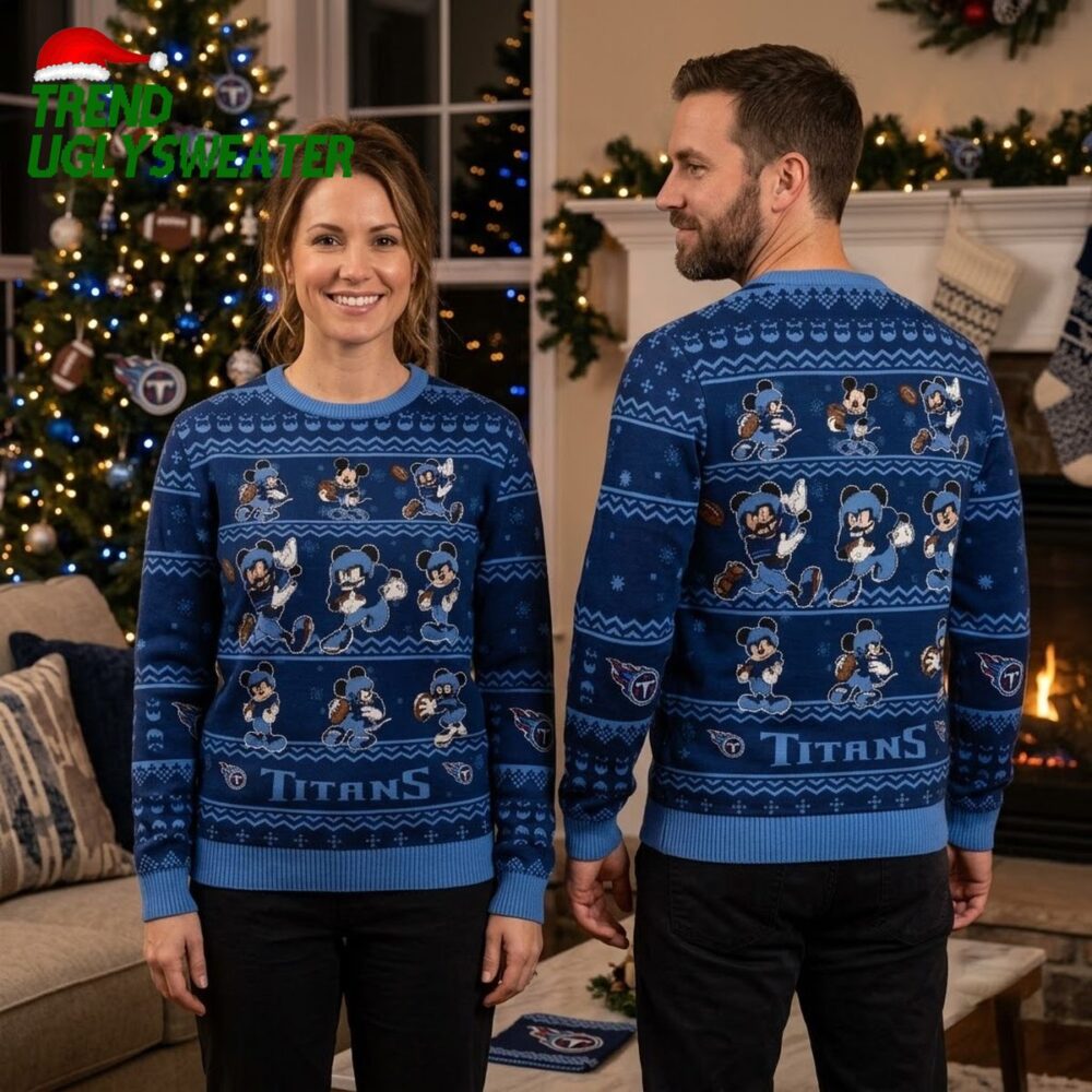 tennessee titans mickey mouse football pattern ugly christmas sweater