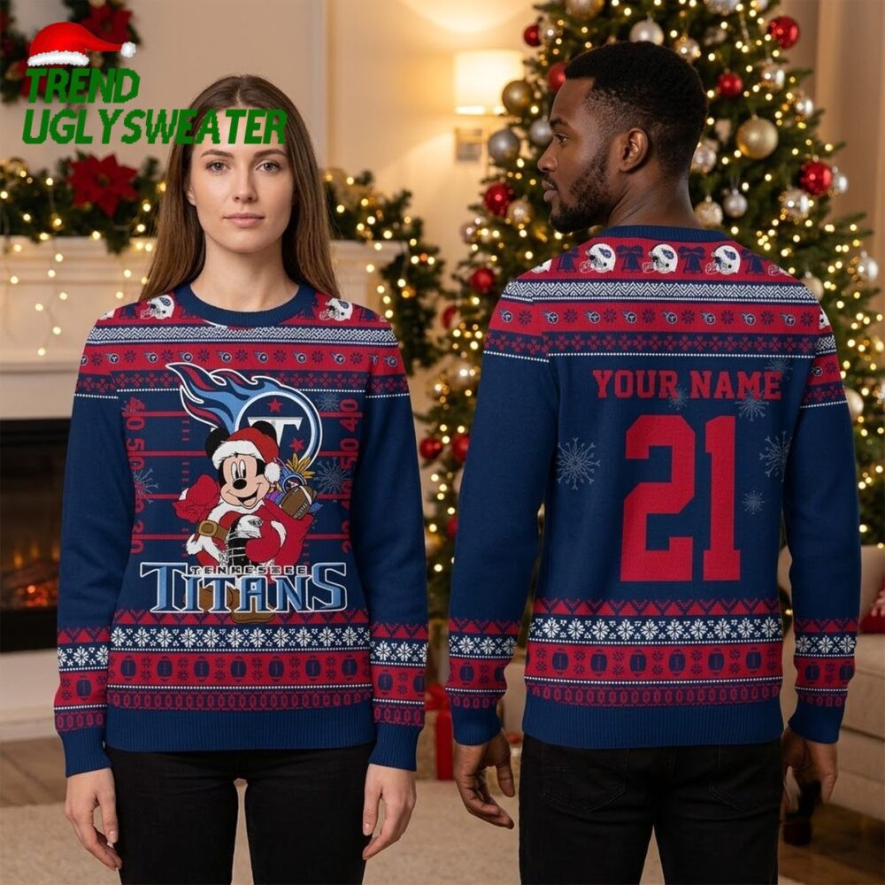 tennessee titans mickey mouse santa custom name and number ugly christmas sweater