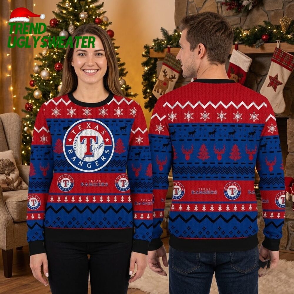 texas rangers logo snowflakes and reindeer ugly christmas sweater
