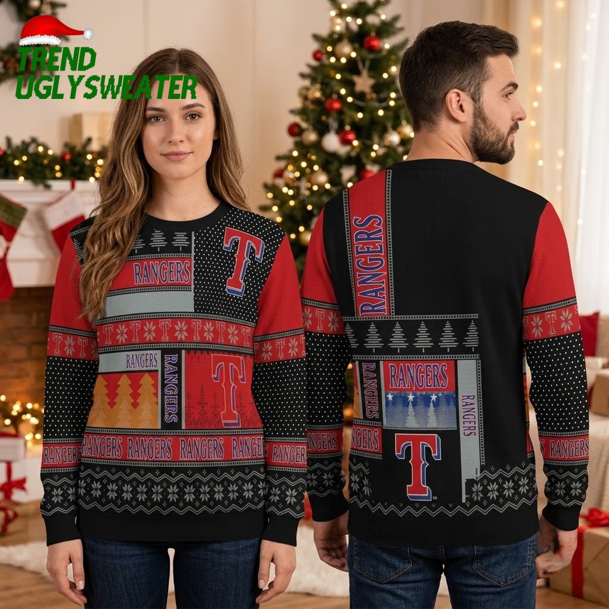 texas rangers multi patch red black ugly christmas sweater texas rangers multi patch red black ugly christmas sweater