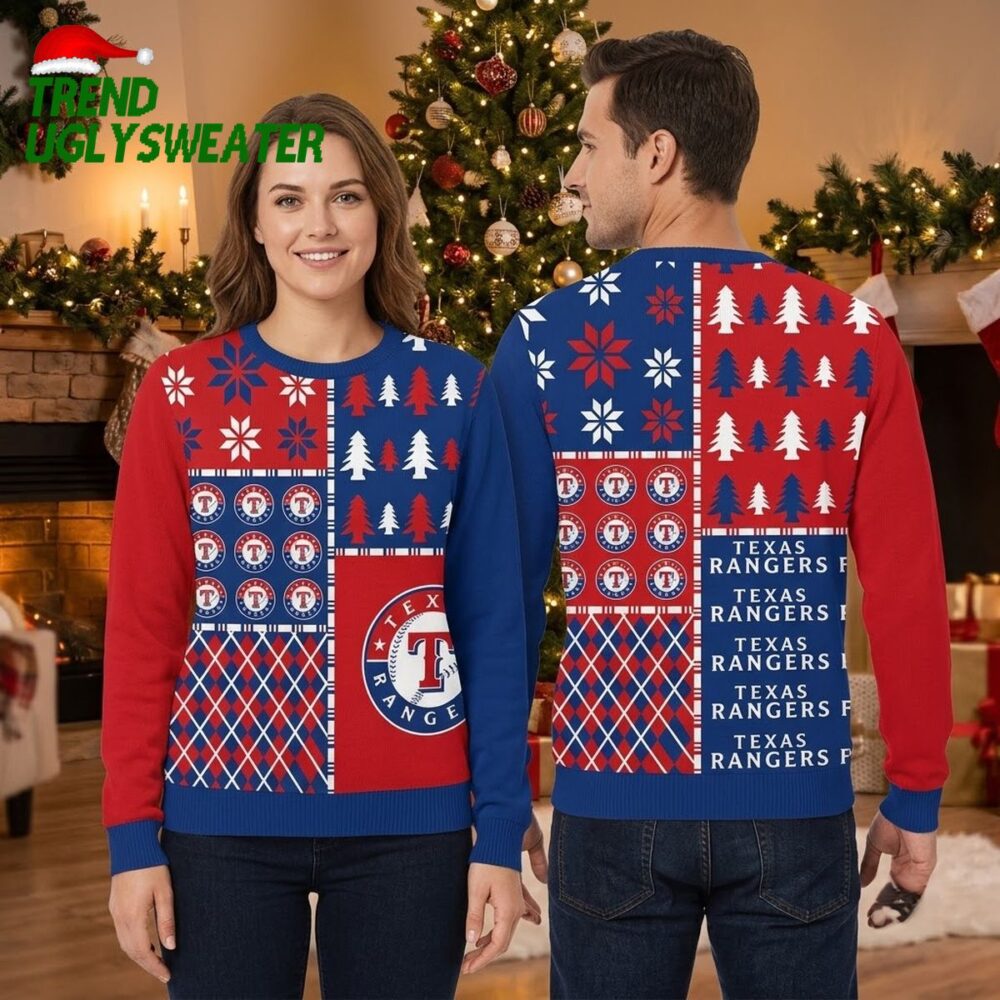 texas rangers patchwork logos and christmas trees ugly christmas sweater