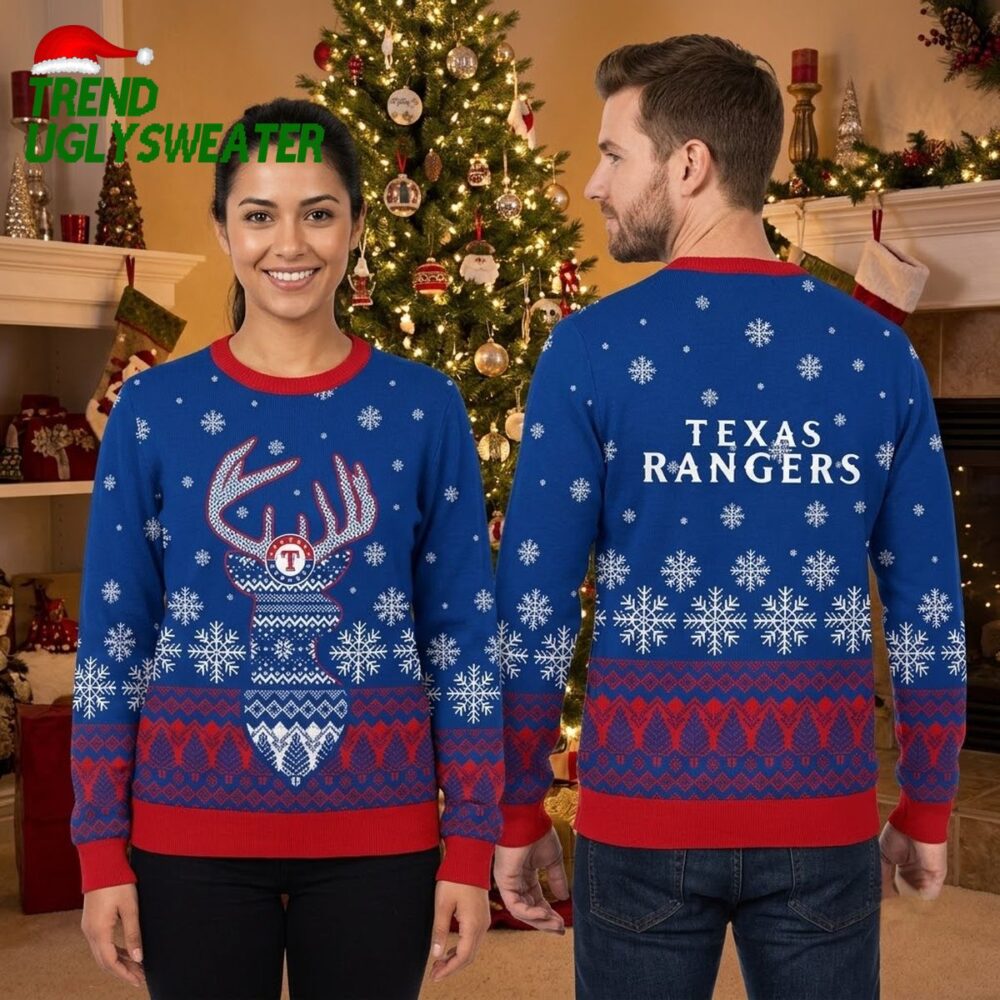 texas rangers reindeer and snowflakes ugly christmas sweater