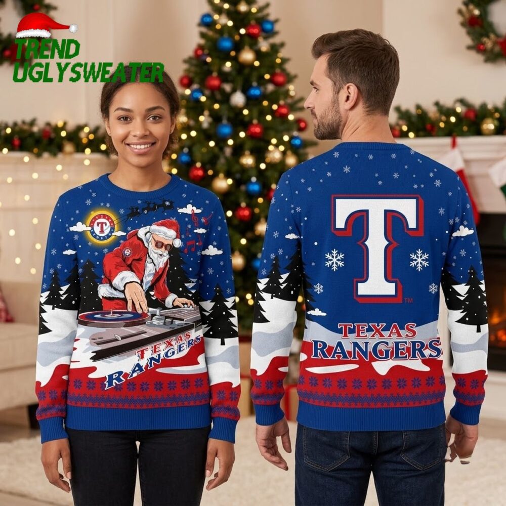 texas rangers santa dj turntables ugly christmas sweater