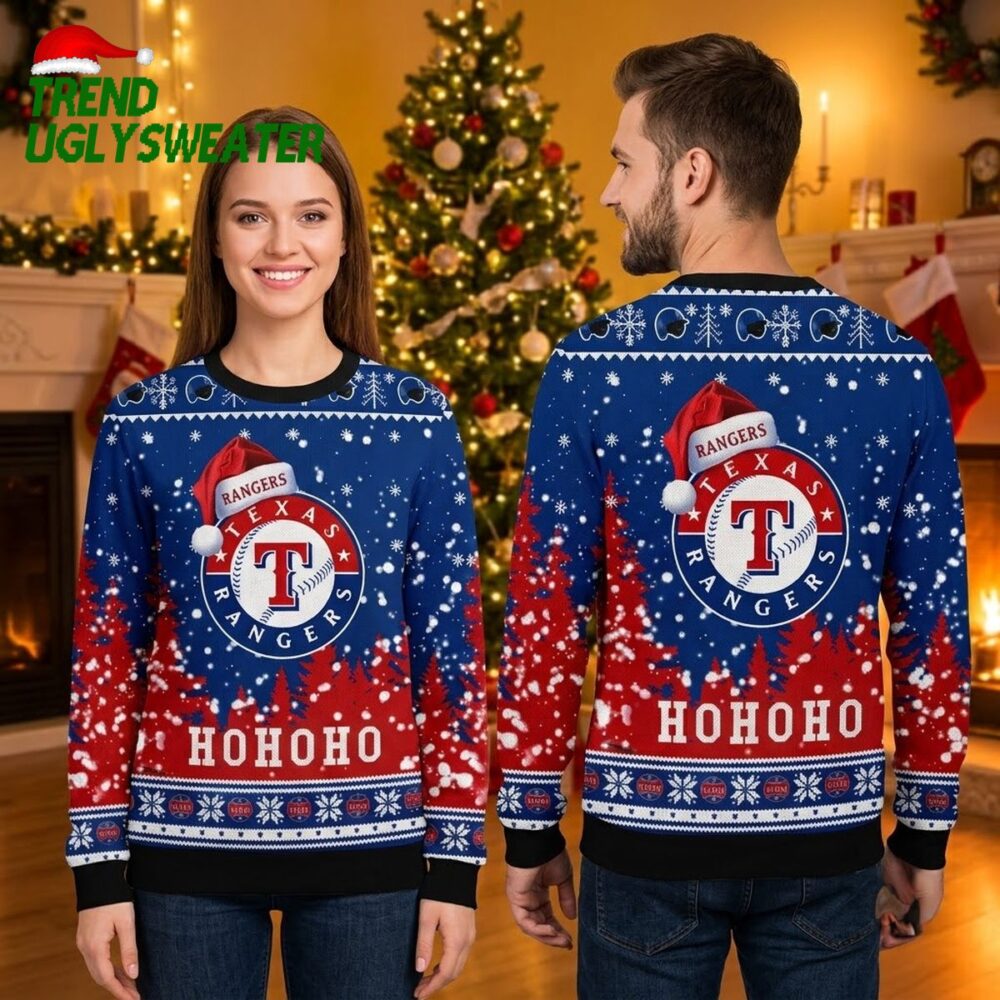 texas rangers santa hat logo custom name ho ho ho ugly christmas sweater