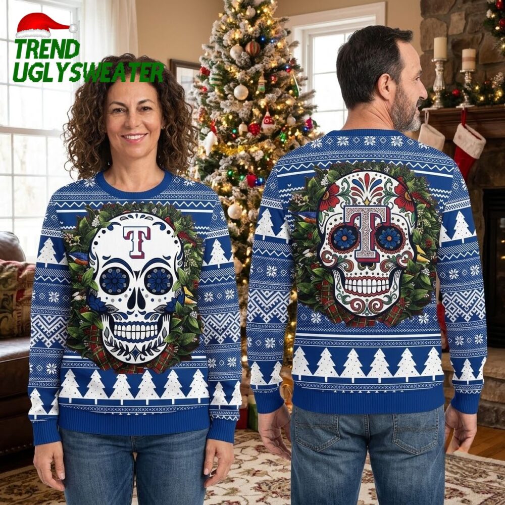 texas rangers skull logo snowy christmas ugly christmas sweater
