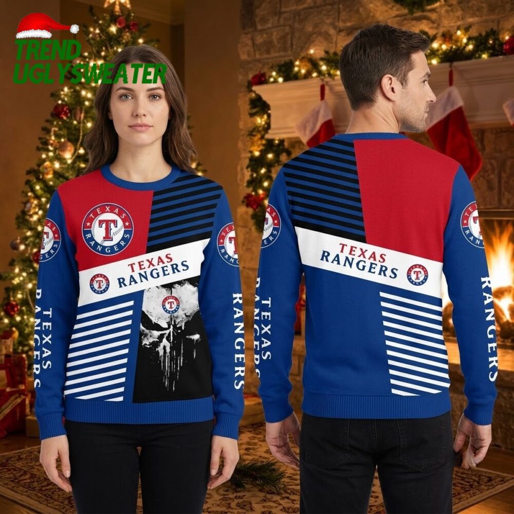 texas rangers split stripes skull ugly christmas sweater