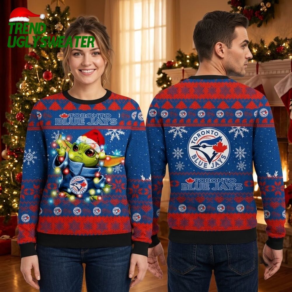 toronto blue jays baby yoda christmas lights ugly christmas sweater