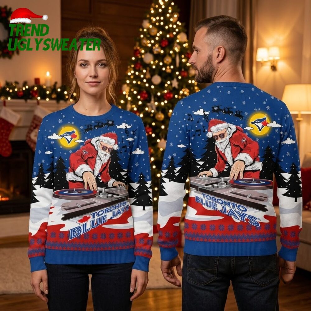 toronto blue jays dj santa ugly christmas sweater
