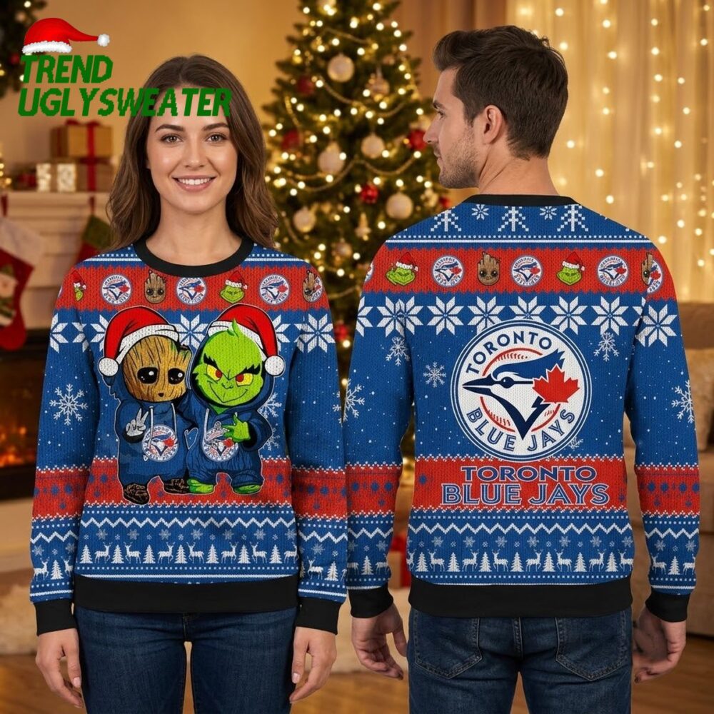 toronto blue jays grinch and groot santa hat ugly christmas sweater