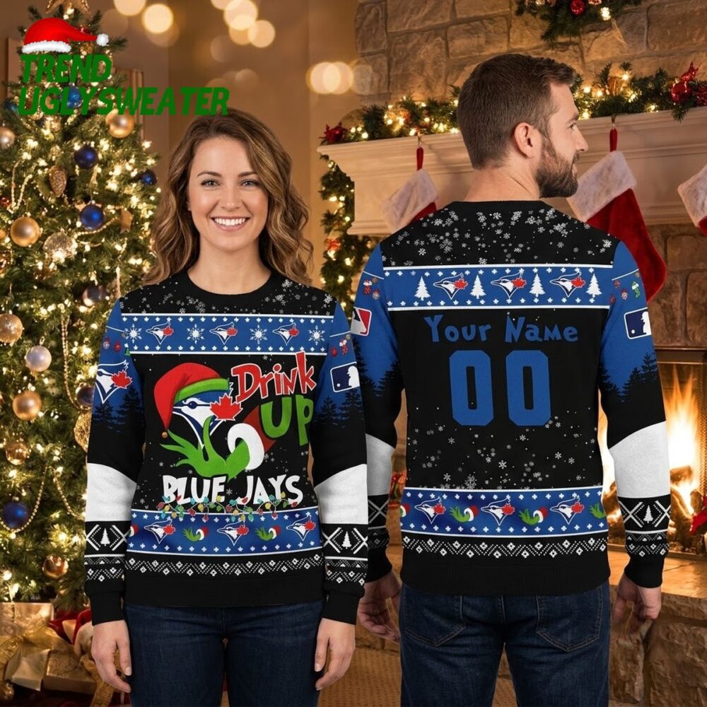 toronto blue jays grinch drink up custom name and number ugly christmas sweater