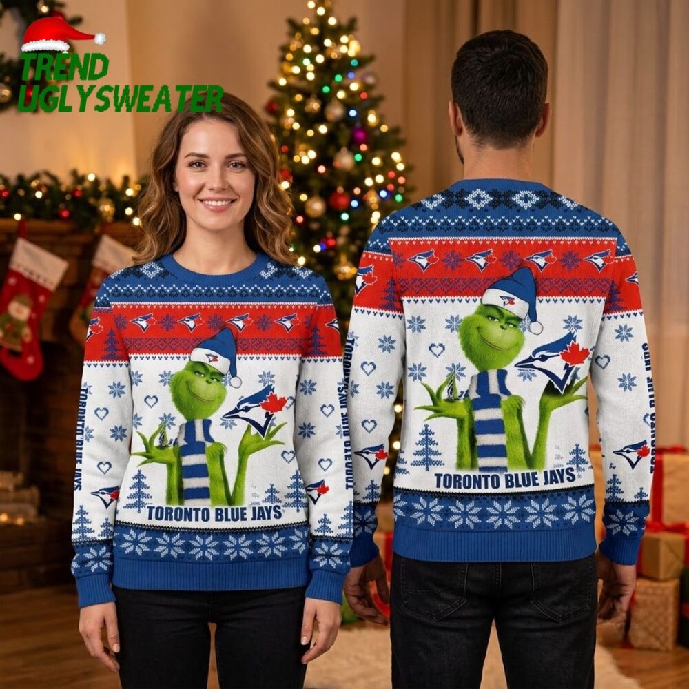 toronto blue jays grinch in scarf ugly christmas sweater