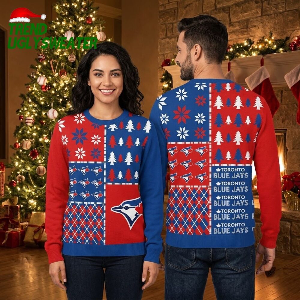 toronto blue jays patchwork christmas trees and snowflakes ugly christmas sweater