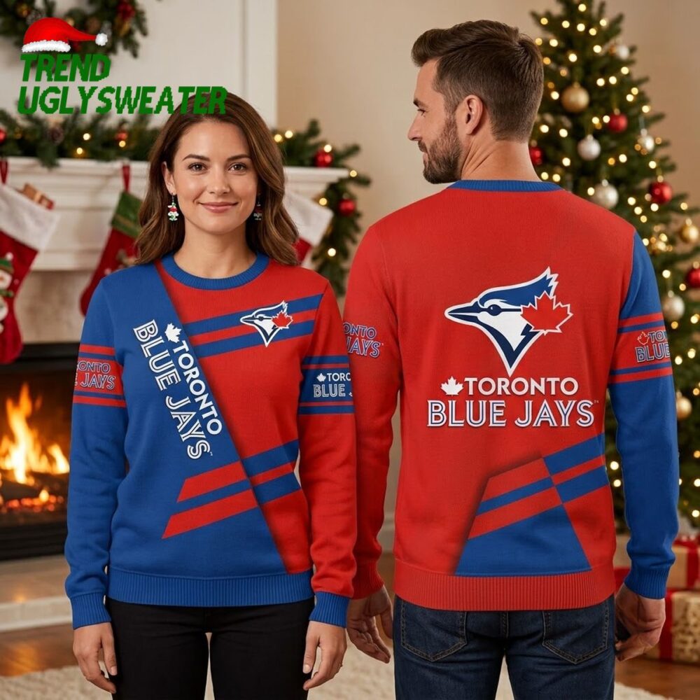 toronto blue jays red and blue diagonal stripes ugly christmas sweater