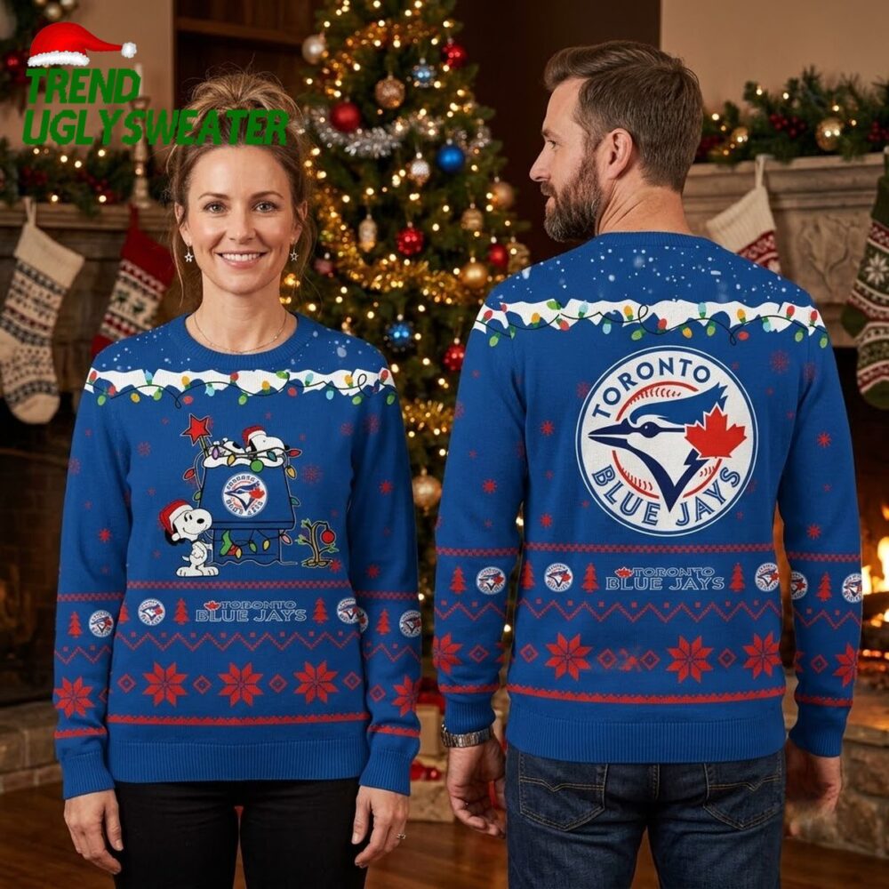 toronto blue jays snoopy and woodstock christmas lights ugly christmas sweater