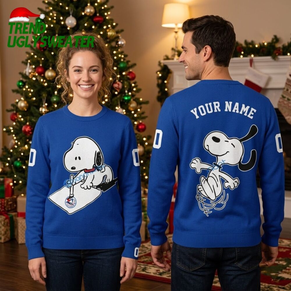 toronto blue jays snoopy skating custom name and number ugly christmas sweater