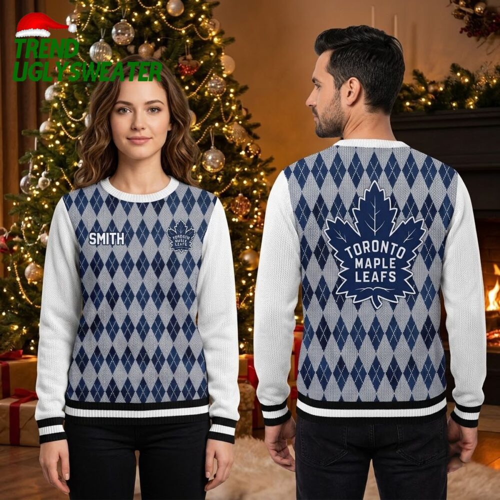 toronto maple leafs custom name argyle pattern navy blue and white ugly christmas sweater