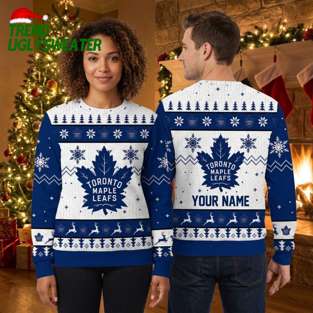 toronto maple leafs custom name maple leaf snowflake blue and white ugly christmas sweater
