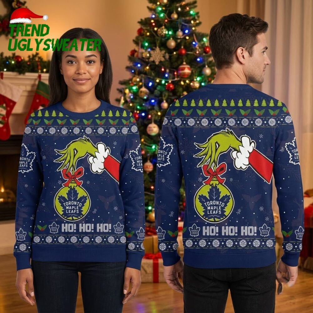 toronto maple leafs grinch hand and christmas stocking navy blue ugly christmas sweater