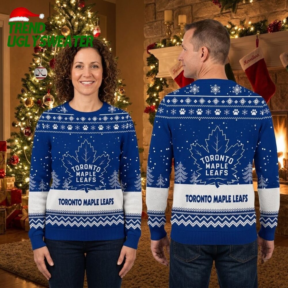 toronto maple leafs maple leaf logo snowflake pattern blue ugly christmas sweater