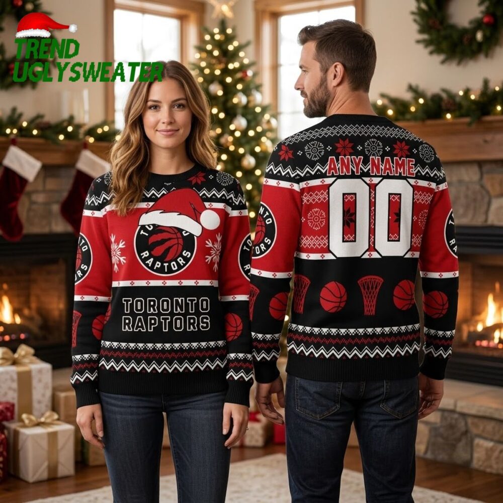 toronto raptors santa hat logo custom name and number ugly christmas sweater