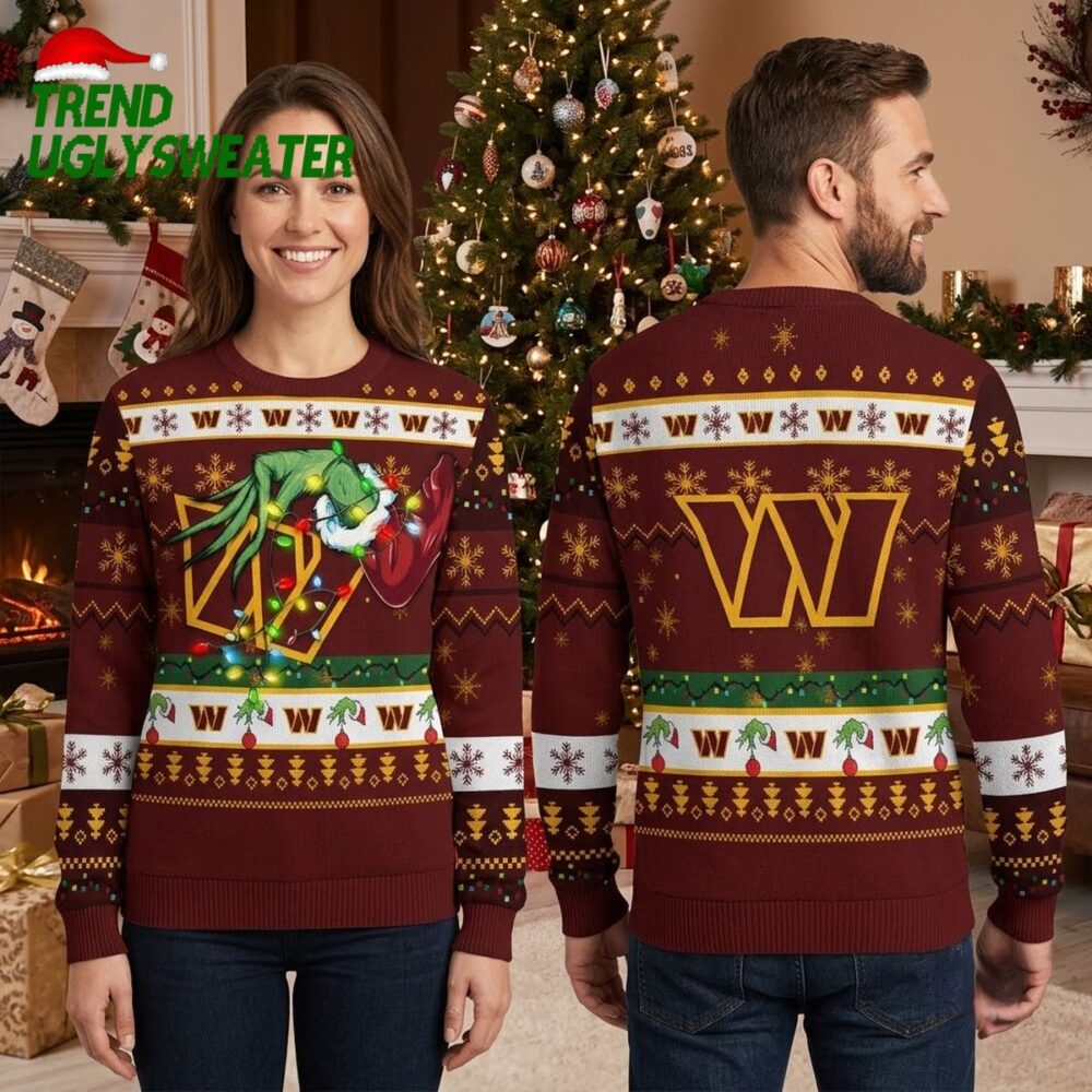 washington commanders grinch hand ugly christmas sweater