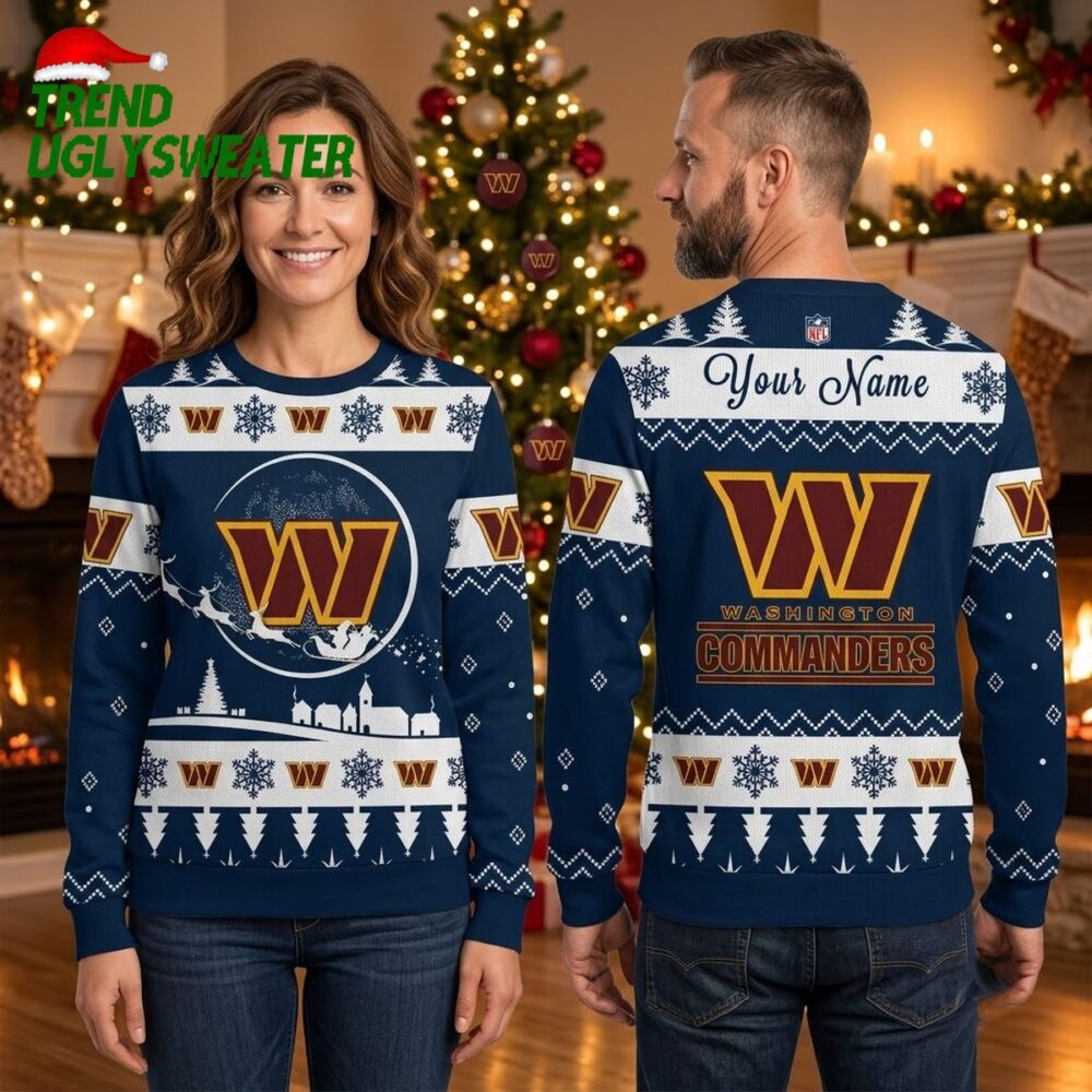 washington commanders logo snowy village ugly christmas sweater