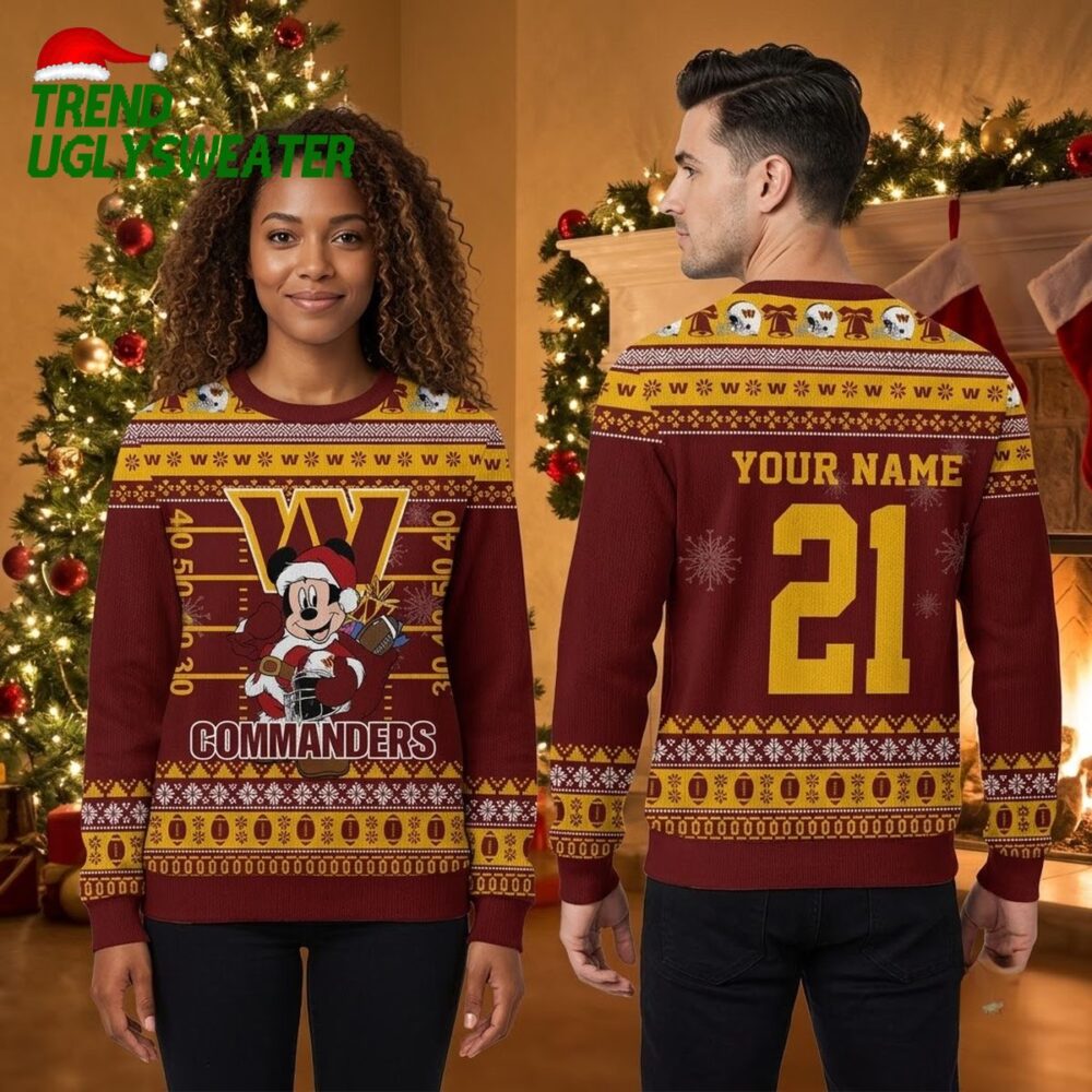 washington commanders mickey mouse santa custom name and number ugly christmas sweater
