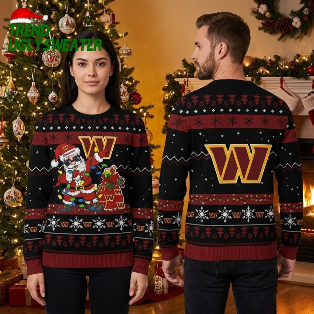 washington commanders santa claus with christmas lights ugly christmas sweater