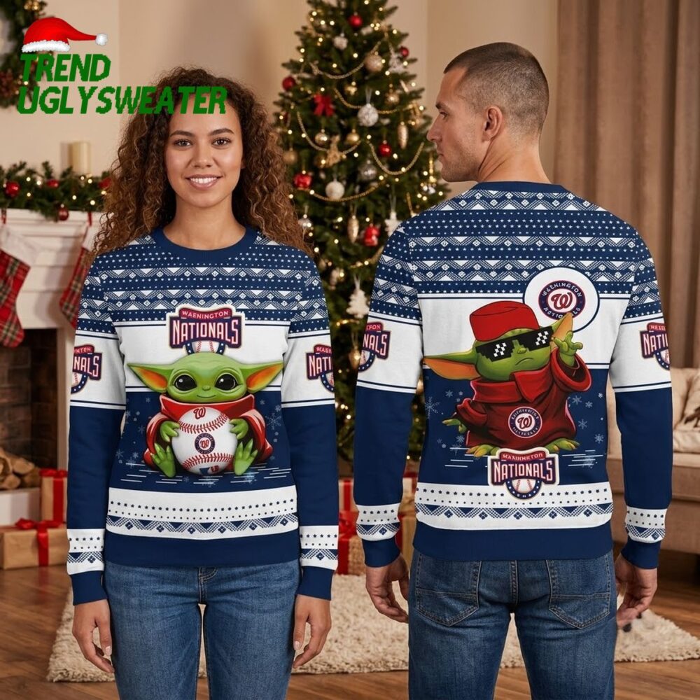 washington nationals baby yoda holding baseball ugly christmas sweater